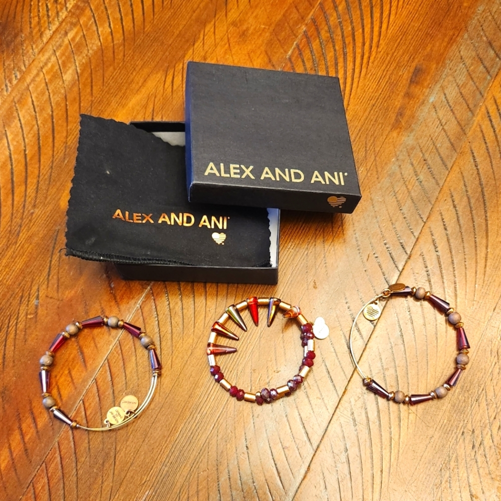 💙Host Pick! 3 piece boxed set Alex and Ani gold tone and cranberry prism - Picture 1 of 9